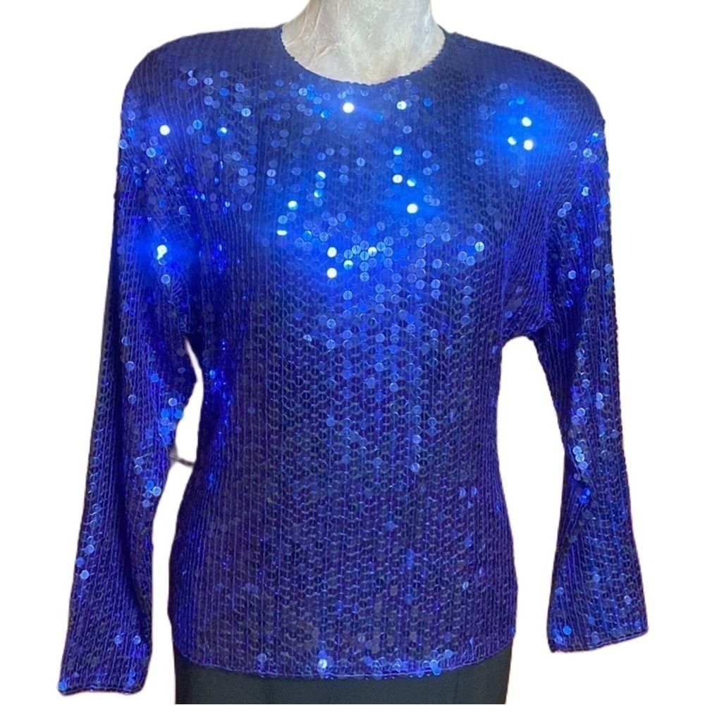Vintage Destinee Silk Sequins Cobalt Blue batwing boat neck Evening top Sz M